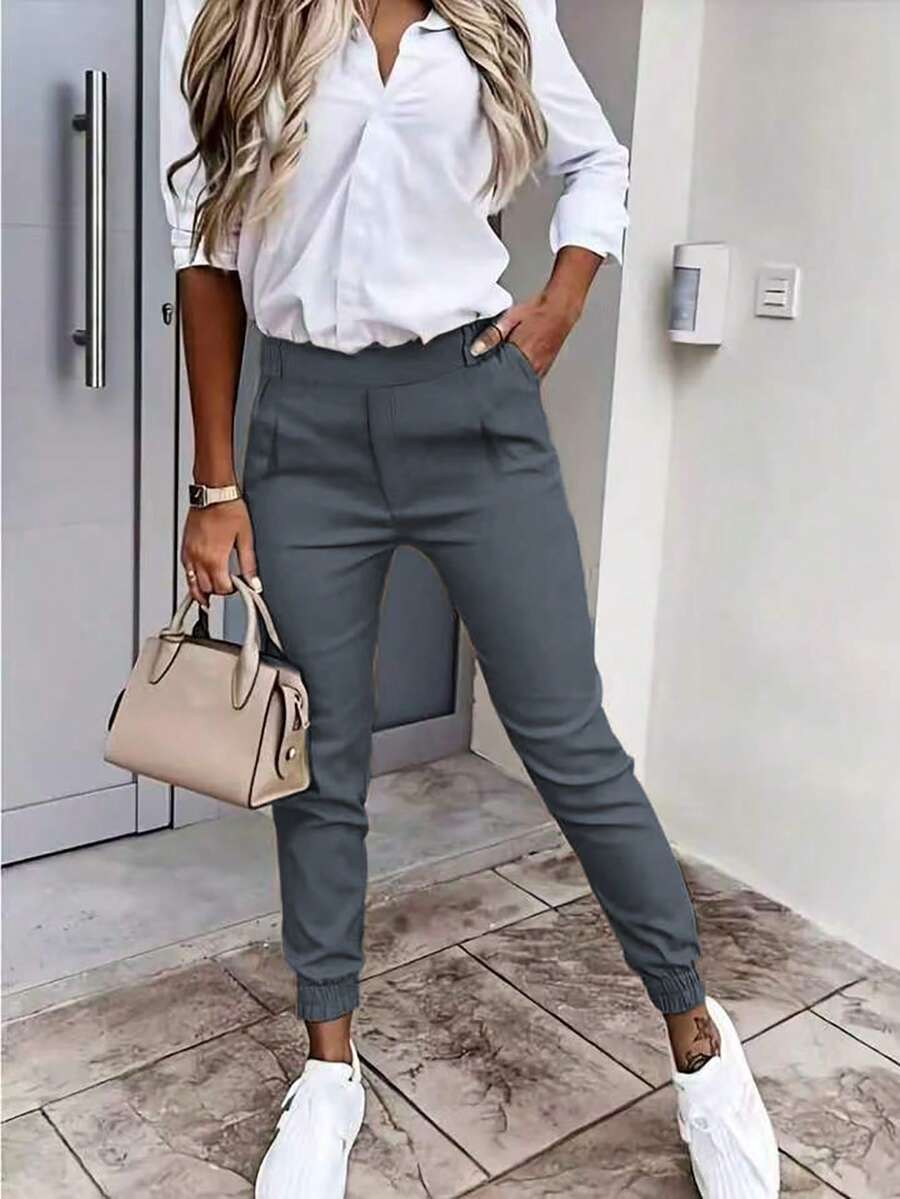 Standard Size Women Solid Color Skinny Casual Pants With Pockets - Baby Blue - View 1