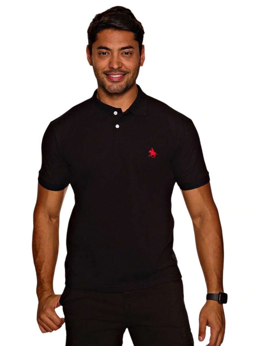 Men's Ribbed Cotton Polo Shirt - 黑色 - 查看 1