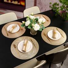 1pc/4pcs/6pcs Gilded Decorative Placemat, PVC Foil Anti-Slip Heat Insulation Hotel Restaurant Western Dining Mat, Round Washable Table Mat