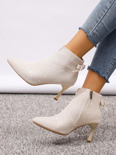 Women's Fashion Glitter High Heel Ankle Boots, Pointed Toe Stiletto Heel Formal Work Dress Shoes, Elegant Bowknot High Heels Suitable For Nightclub, Party And Gathering