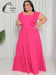 Plus Size Long Dress With Ruffle On The Shoulder - Hot Pink - View 4