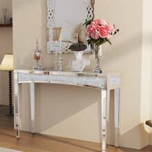 UNHO Konsolentisch 120 Flurtisch Schmal Kristall Eingangstisch, Wohnzimmertisch Silber Beistelltisch Modern Glastisch Deko Flurregal für Wohnzimmer Flur Schlafzimmer 120*35*79cm - Silber - Übersicht 3