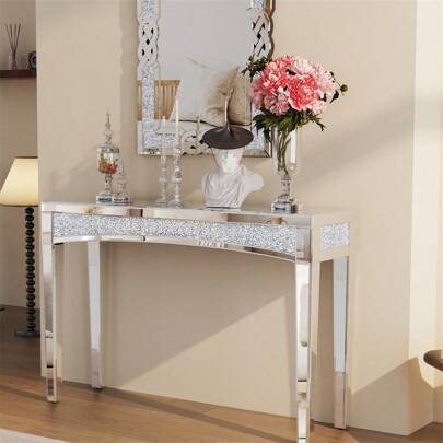 UNHO Consolle Tavolo a Specchio Vetro: Argento Tavolo Consolle ingresso con Diamante schiacciato Consolle Entrata Argento Moderno Consolle da Divano Lusso Mobili ingresso 120x35x80,5cm