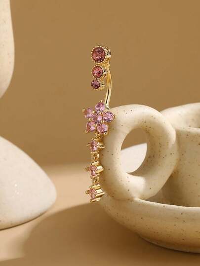 1pc Plant Dual Rhinestone Flower Navel Piercing Navel Ring Valentines