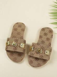 女童夏季新款手工搭扣亮面装饰圆头平底舒适可爱婴儿拖鞋，时尚百搭户外派对休闲沙滩凉鞋 - 卡其色 - 查看 6