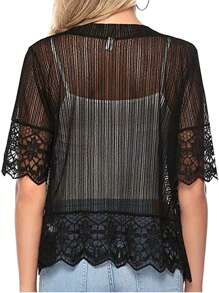 Womens Open Front Shrug, Short Sleeve Solid Color Lace Patchwork Sheer Bolero Cover Up - Black - View 2