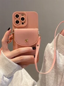 1 chiếc bao da đựng thẻ cá nhân có dây đeo tháo rời và ốp điện thoại, tên/chữ cái tùy chỉnh, ốp điện thoại đôi cao cấp cổ điển màu trơn, bao da đựng thẻ đeo chéo di động - Hồng - Xem 3