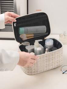 1 件格子图案方形编织设计化妆包，大容量便携式化妆品收纳袋带衬里，适合户外旅行、化妆、护肤、洗漱用品、巡航必需品，优雅的格子化妆包 - 大尺寸化妆包化妆收纳袋化妆品收纳化妆包化妆包 - 彩色 - 查看 6