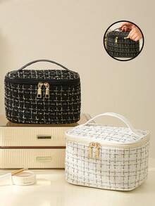 1 件格子图案方形编织设计化妆包，大容量便携式化妆品收纳袋带衬里，适合户外旅行、化妆、护肤、洗漱用品、巡航必需品，优雅的格子化妆包 - 大尺寸化妆包化妆收纳袋化妆品收纳化妆包化妆包 - 彩色 - 查看 5