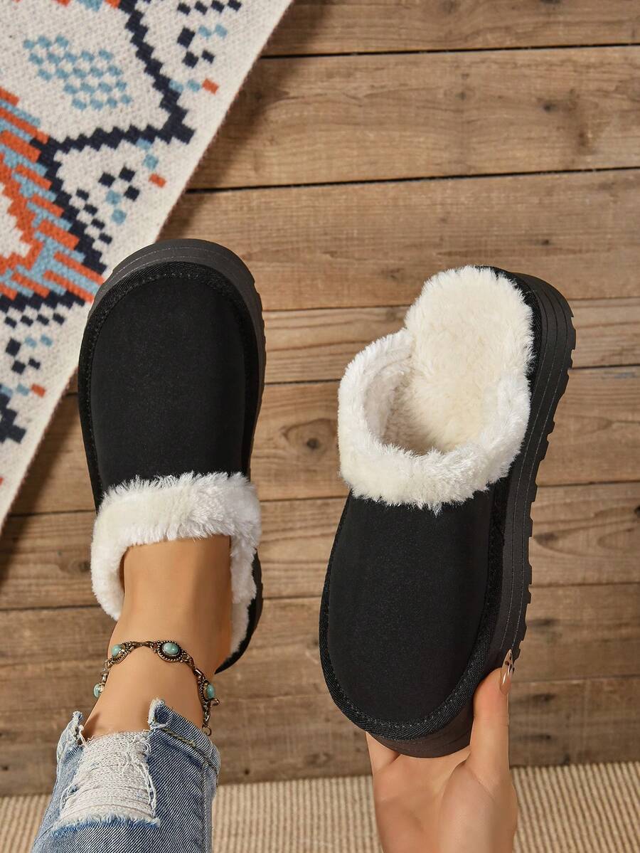 女士蓬松一脚蹬木屐，厚底复古毛绒衬里拖鞋，可在室内和室外穿着，保暖防滑，全新秋冬设计 - 黑色 - 查看 1