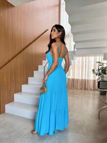 Women's Long Plain Dress With Thin Straps And Ruched Detail With Elastic - Màu xanh lam - Xem 3