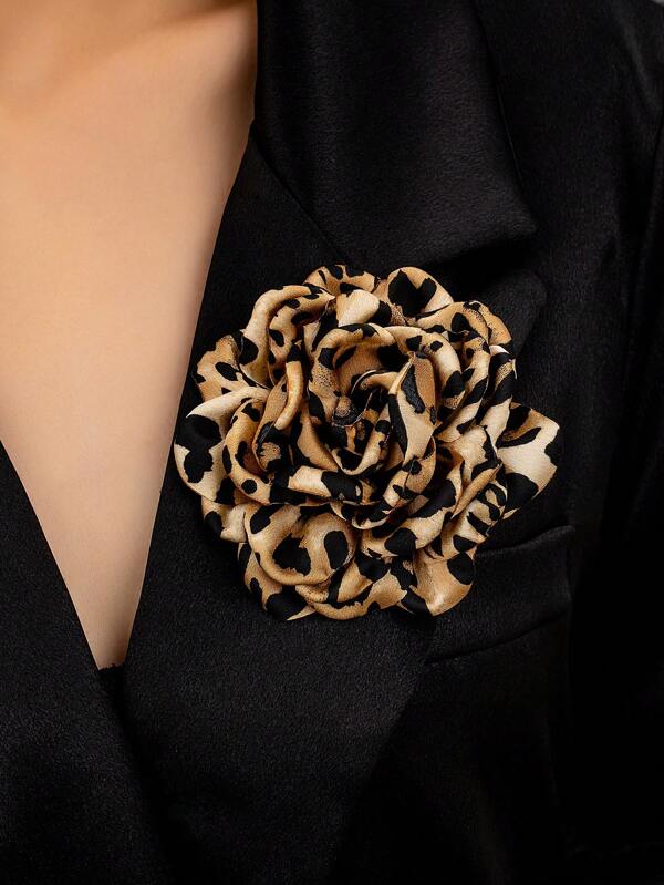 Niche Design Exaggerated Leopard Print & Large Flower Brooch, Elegant & Chic For Women