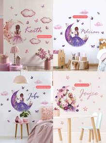 1 Piece 11.81 * 47.2 Inch Custom Text Wall Stickers, Moon Girl, Flowers, Butterflies, Stars, Cloud Cartoon Wall Stickers, Self-Adhesive Paintings For Bedroom, Living Room, Study, Classroom Decoration, PVC Removable, Valentine's Day, Valentine's Day Decor Adhesive Stylish,Adorable,Colorful Custom,Personalized,Unique Ideal Gifts For Her Friends,Son,Daughter,School Students,Workers,Kids School,Home,Office Birthday Graduation
