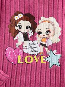 时尚秋季女童罗纹条纹连帽长袖连衣裙，少女卡通印花休闲中长连衣裙，适合日常、户外、派对等场合，儿童可爱运动服 - 玫紅色 - 查看 4