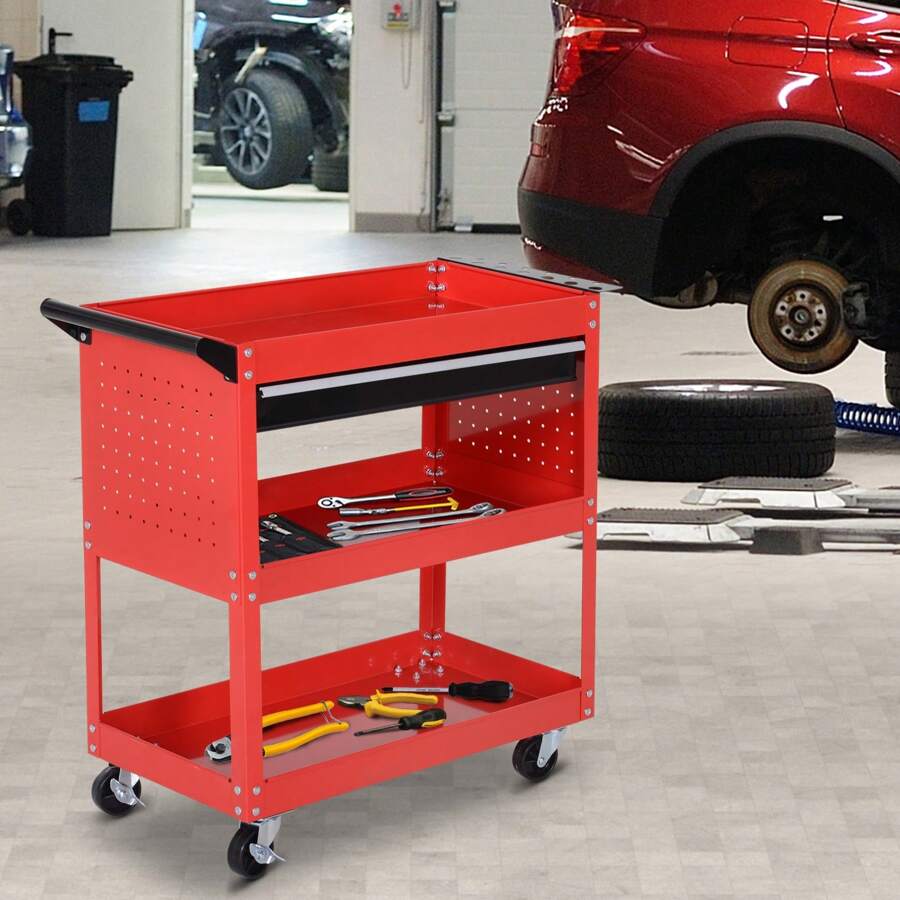 DURHAND 3-Tier Tool Trolley Cart Storage Shelf Roller Cabinet DIY Box Garage Workshop With Drawer Red Outdoor Decor - Red - View 1