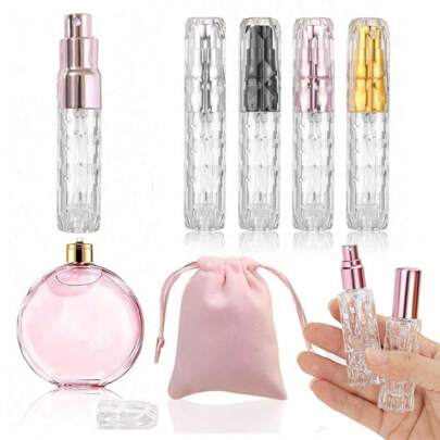 1 个 5ml/10ml 香水喷雾瓶、便携式空旅行香水雾化器和粉色天鹅绒珠宝袋 - 柔软抽绳礼品袋，适用于婚礼、派对、情人节和周年纪念日、香水瓶