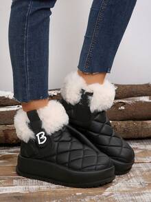 女士踝靴雪地靴人造皮革一脚蹬短靴，圣诞冬季防滑户外时尚保暖踝靴，保暖鞋 - 黑色 - 查看 5