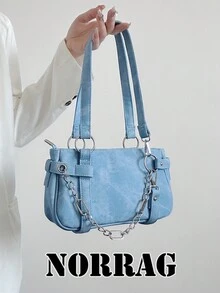 2024 新款时尚别致女孩 Y2K 牛仔纹理机车包链条单肩腋下手提包 - 藍色 - 查看 1