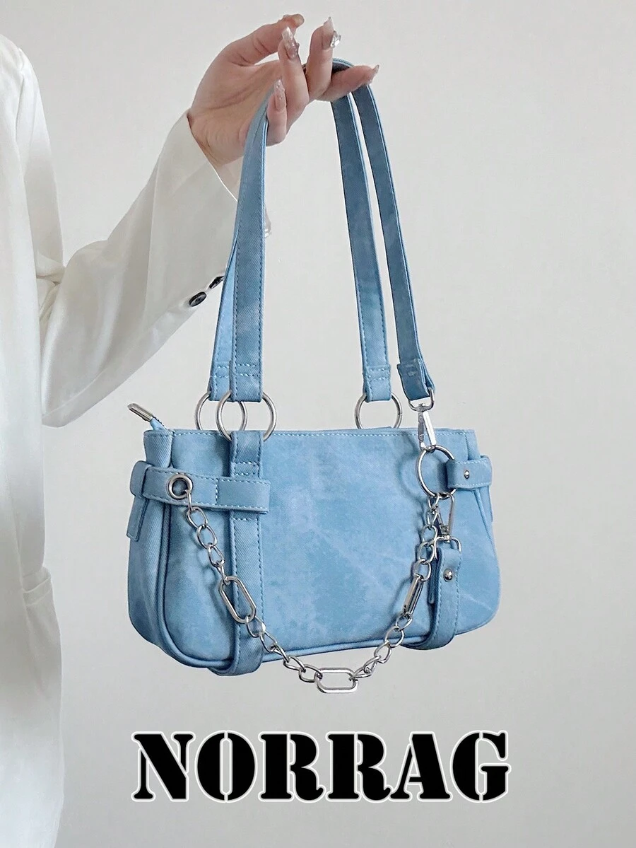 2024 新款时尚别致女孩 Y2K 牛仔纹理机车包链条单肩腋下手提包 - 藍色 - 查看 1