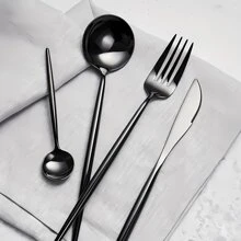 12/32/48 件黑色不锈钢餐具套装，可供 3/8/12 人使用，适用于家庭厨房、派对、聚会、生日、万圣节、圣诞节，镜面抛光表面，可用洗碗机清洗，学校用品