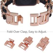 Dây đeo bằng da và kim loại tương thích với dây đeo Apple Watch 38/40/41/42/44/45/46/49mm, tương thích với Apple Watch Ultra/SE/Series 10/9/8/7/6/5/4/3/2/1 - da đen vàng hồng - Xem 4