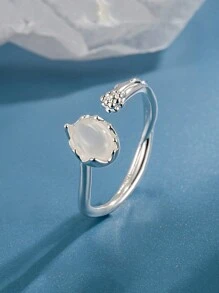 1 件月光石戒指，双层设计可调节开口戒指，高品质简约时尚珠宝 - 銀色 - 查看 7