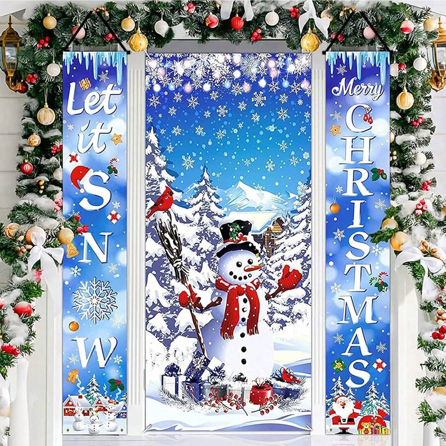 3 Pieces Set Winter Christmas Hanging Banner Decor, Snowman Doormat And "Let It Snow Merry Christmas" Front Door Porch Banners For Indoor Outdoor Holiday Party Decor - Multicolor - View 1