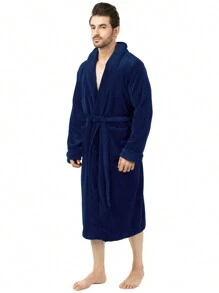 Men Fleece Shawl Collar Bathrobe Long Sleeve For Home Wear, Plush Long Lace Up Spa Robe