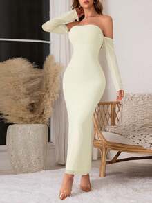 WOWDARK Women Off Shoulder Mesh Long Sleeve Dress, Autumn - Yellow - View 5