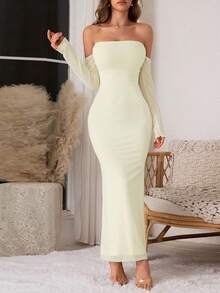 WOWDARK Women Off Shoulder Mesh Long Sleeve Dress, Autumn - Yellow - View 4