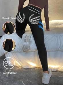 骷髅手指图案高腰塑身保暖紧身裤，哥特暗黑风格，弹力修身休闲高腰瑜伽保暖内衬女式紧身裤 - 黑色 - 查看 1