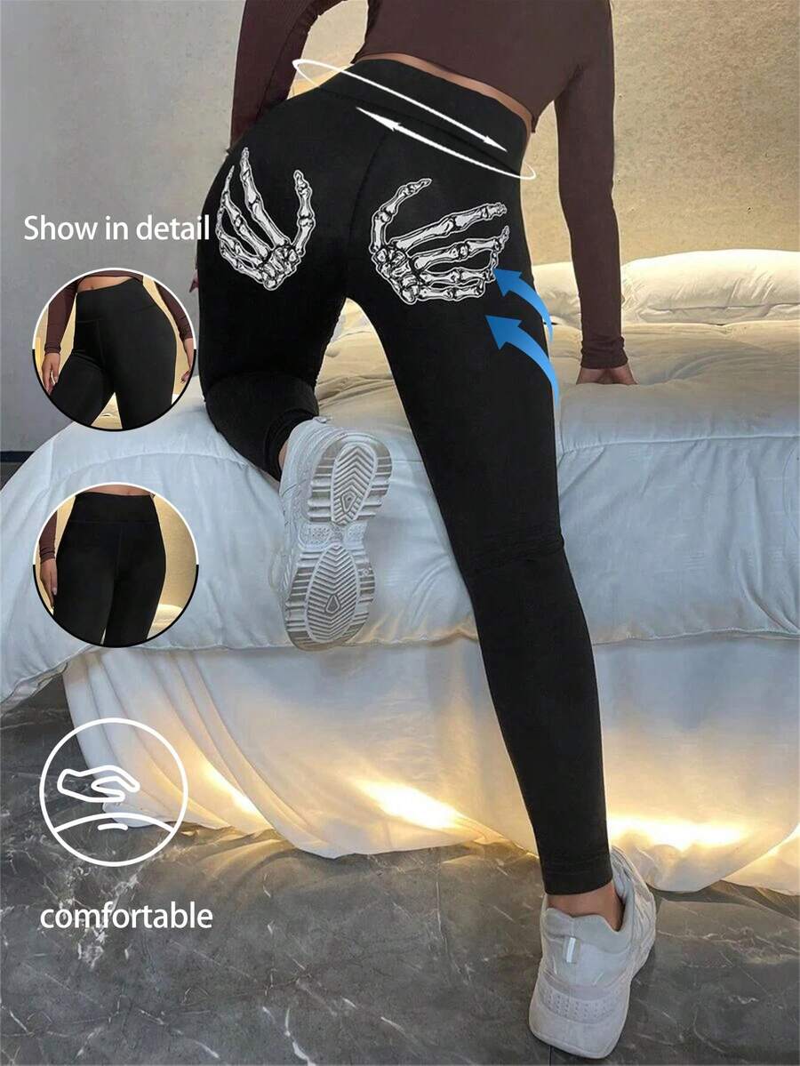 骷髅手指图案高腰塑身保暖紧身裤，哥特暗黑风格，弹力修身休闲高腰瑜伽保暖内衬女式紧身裤 - 黑色 - 查看 1