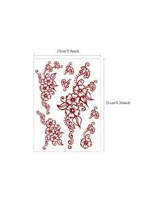 1 张勃艮第红色指甲花纹身贴纸，适用于手部和身体艺术的花朵临时纹身，女士栗色假纹身，婚礼节日派对用的一次性可移除指甲花贴纸 - 酒紅色 - 查看 6