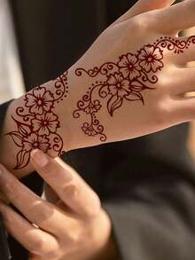 1 张勃艮第红色指甲花纹身贴纸，适用于手部和身体艺术的花朵临时纹身，女士栗色假纹身，婚礼节日派对用的一次性可移除指甲花贴纸 - 酒紅色 - 查看 2