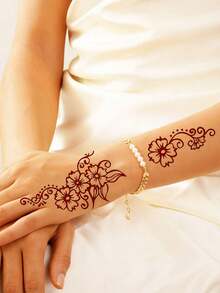 1 张勃艮第红色指甲花纹身贴纸，适用于手部和身体艺术的花朵临时纹身，女士栗色假纹身，婚礼节日派对用的一次性可移除指甲花贴纸 - 酒紅色 - 查看 3