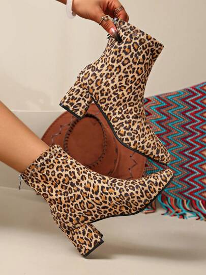 Women's Sexy Leopard Print Pointed Toe High Heel Ankle Boots, Back Zipper Design, Pure Leopard Print Decor, 2024 New European And American Style High-Top Ankle Boots, Chunky Heel, Outdoor Ladies Hiking Boots, Suitable For Parties, Banquets, And Evening Outings