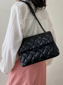 Fall And Winter New Fashionable High-Grade Texture Simple Simple Color Cross-Body Bag, Exquisite Niche Lattice Design Chain Sense Shoulder Straps Shoulder Bag, Classic Elegant Beauty Multi-Functional Ladies Commuter Bag - Black - View 5