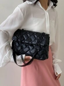 Fall And Winter New Fashionable High-Grade Texture Simple Simple Color Cross-Body Bag, Exquisite Niche Lattice Design Chain Sense Shoulder Straps Shoulder Bag, Classic Elegant Beauty Multi-Functional Ladies Commuter Bag - Black - View 6