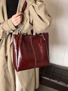 Ladies' Simple Fashionable Soft PU Splicing Design Tote Bag For Women - Burgundy - View 2