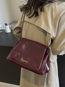 1 件勃艮第蜡油皮革和闪亮 PU 皮革链条肩带包，时尚感女士休闲单肩包/斜挎包，适合日常通勤、约会、礼物，时尚勃艮第包 - 酒紅色 - 查看 3
