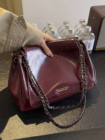 1pc Burgundy Waxed Oil Leather & Shiny PU Leather Chain Strap Bag, Fashion Feeling Women Casual Shoulder/Crossbody Bag, Suitable For Daily Commute, Date, Gift, Fashionable Burgundy Bag , Red Bag , Burgundy Bag