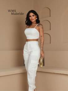 MABELDE Women's Linen Set Cargo Pants Straight Cut Cropped Casual Thin Strap Modern Look Stylish And Elegant Summer New Year's Eve End Of Year - 白色 - 查看 1