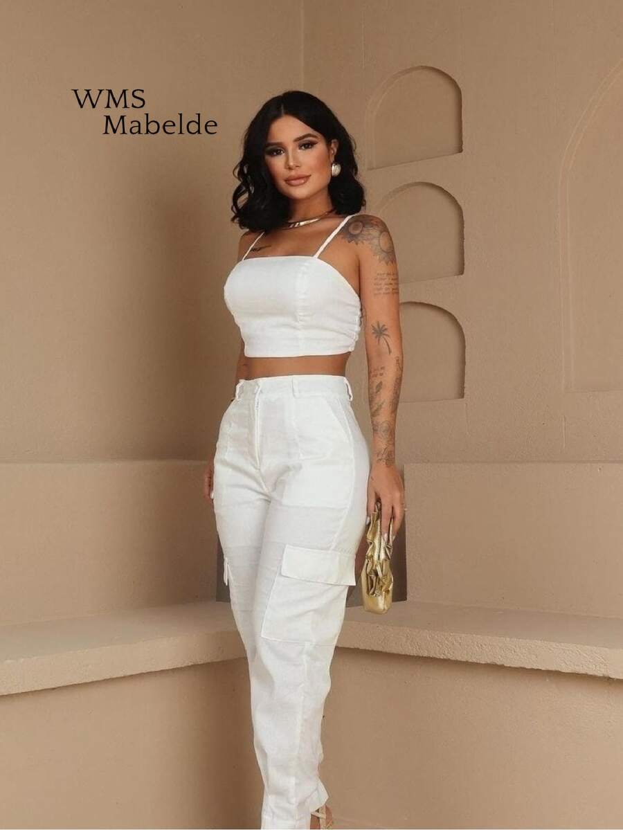 MABELDE Women's Linen Set Cargo Pants Straight Cut Cropped Casual Thin Strap Modern Look Stylish And Elegant Summer New Year's Eve End Of Year - 白色 - 查看 1