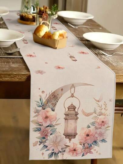 1pc Moon, Flower Patterned Table Runner, Home Decor Table Runner, Indoor & Outdoor Party Supplies, Room Decoration. Suitable For Daily Home Kitchen Decor And Event Party Decoration