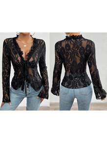 Women Long Sleeve Lace Tops Casual Sheer Basic Tie Front Shirt Blouses For Club Streetwear Aesthetic Clothes - 黑色 - 查看 3