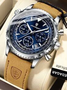 POEDAGAR 1 件男士休闲日期计时 PU 皮革石英表,防水夜光,商务腕表,适合工作场合,时尚男士手表 + 礼盒,男士礼物 - 均碼 - 查看 18