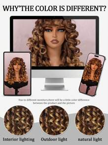 18英寸合成纤维卷发假发，渐变金色，蓬松自然，带刘海，耐热 - 漸變金色 - 查看 10