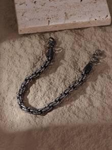 1 件复古做旧不锈钢编织粗链单层手链，男士街头风格腕带，圣诞节、新年、情人节礼物 - 銀色 - 查看 7