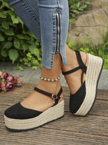 厚绳底时尚百搭镂空女士休闲鞋 - 黑色 - 查看 4