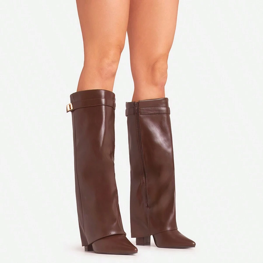 Ego Ava Lock Detail Pointed Toe Knee High Block Heel Boot In Brown Faux Leather - Brown - View 1